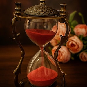 May include: An antique-style hourglass with red sand, encased in a decorative bronze-colored metal frame. The glass bulbous chambers are connected by a narrow neck. The text "Ziya Nautical" is displayed at the top. The background features blurred flowers.