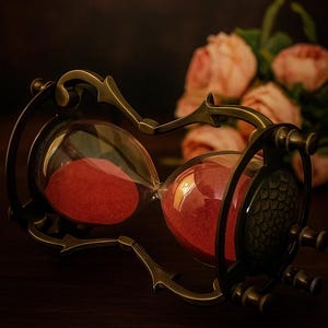 May include: An antique hourglass with a bronze frame and red sand. The glass bulbs are connected by a decorative metal frame. The text "Ziya Nautical" is displayed at the top. The background is dark with a blurred floral arrangement.