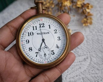 Reloj de bolsillo vintage Waltham de latón con cadena / Regalo náutico grabado