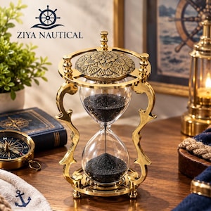 Reloj de arena vintage de latón / Reloj de arena de 5 minutos, decoración náutica para escritorio, acabado dorado.