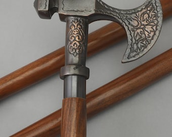 Handmade Wooden Walking Stick: Brass Axe Handle, Rustic Hiking Cane