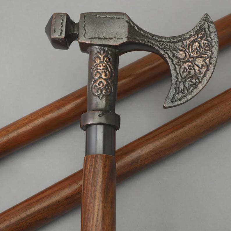 Handmade Wooden Walking Stick: Brass Axe Handle, Rustic Hiking Cane image 1