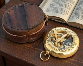 Engraved Brass Compass • Personalized Vintage Sundial, Leather Case, Father Day