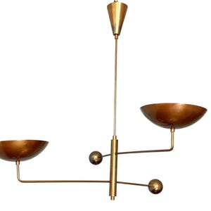 Mid-Century Modern Brass Pendant Light: Handmade 2-Arm Chandelier