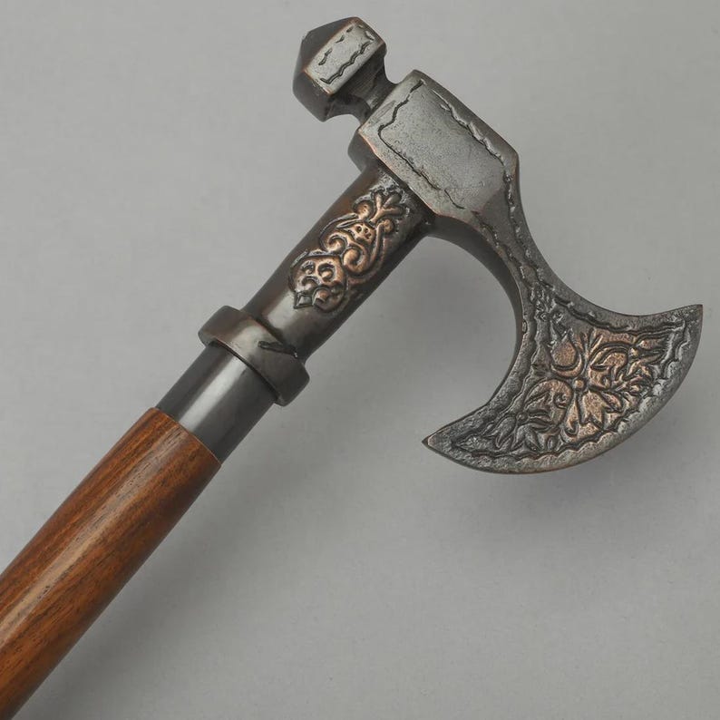 Handmade Wooden Walking Stick: Brass Axe Handle, Rustic Hiking Cane image 2