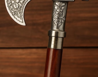 Handmade Brass Axe Handle Walking Stick: Foldable Wooden Cane, Gift for Men