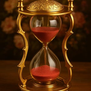 Puede incluir: Un reloj de arena dorado y ornamentado con arena roja dentro de una cámara de vidrio transparente. El reloj de arena tiene un diseño detallado y se apoya en una base redonda. El fondo es un patrón floral borroso.