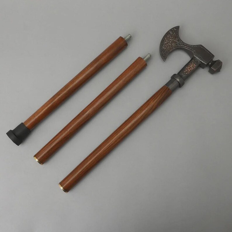 Handmade Wooden Walking Stick: Brass Axe Handle, Rustic Hiking Cane image 4