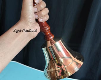 木製ハンドル付き小型真鍮ハンドベル、ヴィンテージ真鍮ハンドベル