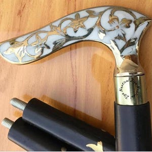 Vintage Foldable Wooden Walking Stick – Brass Floral Handle, Personalized Cane