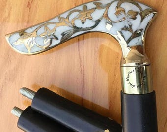 Vintage Foldable Wooden Walking Stick – Brass Floral Handle, Personalized Cane