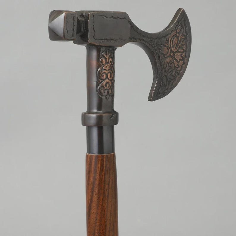 Handmade Wooden Walking Stick: Brass Axe Handle, Rustic Hiking Cane image 3