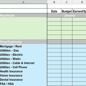 May include: A spreadsheet with a green and blue color scheme, organized into rows and columns. The spreadsheet is labeled with categories such as "Paychecks," "Fixed Expenses," and various utility and insurance types. The month of January is indicated.
