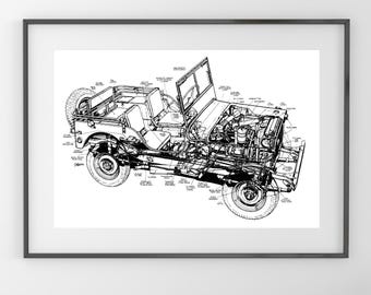 Pode incluir: Planta em preto e branco de um jipe vintage, mostrando seus componentes internos e design. A ilustração detalhada inclui o motor, o chassi e o interior, apresentados em um estilo de desenho técnico. A obra de arte emoldurada é exibida em uma parede branca.