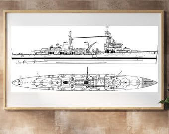 Desenho técnico do HMS Belfast C35, cruzador naval britânico, arte militar para parede (download digital)
