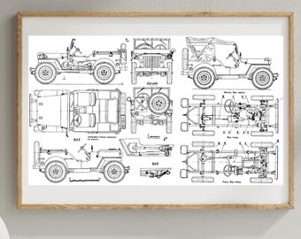 Pode incluir: Um projeto em preto e branco emoldurado de um jipe militar vintage, mostrando várias vistas e diagramas mecânicos detalhados. A impressão está em uma moldura de madeira marrom clara, para entusiastas automotivos ou interessados em história militar.