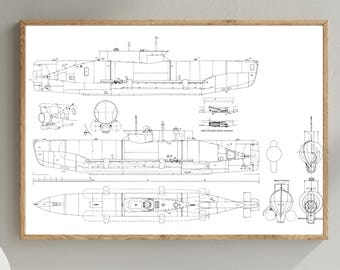 Pode incluir: Planta emoldurada de um submarino, com desenhos técnicos detalhados em linhas pretas sobre fundo branco. A impressão apresenta múltiplas vistas do navio, ideal para entusiastas da náutica e fãs de plantas técnicas.