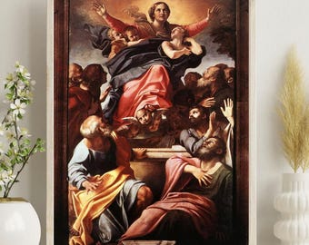 Pode incluir: Uma pintura emoldurada em estilo renascentista retratando uma cena religiosa. A obra apresenta figuras em vestes esvoaçantes, com uma figura central em vermelho e azul. A pintura é ambientada em um fundo escuro, com uma fonte de luz iluminando as figuras centrais.