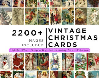 Pode incluir: Uma coleção de cartões de Natal vintage com várias ilustrações, incluindo o Pai Natal, anjos e cenas de inverno. O texto "2200+ Cartões de Natal Vintage Incluídos" é visível. Ideal para scrapbooking e artesanato.