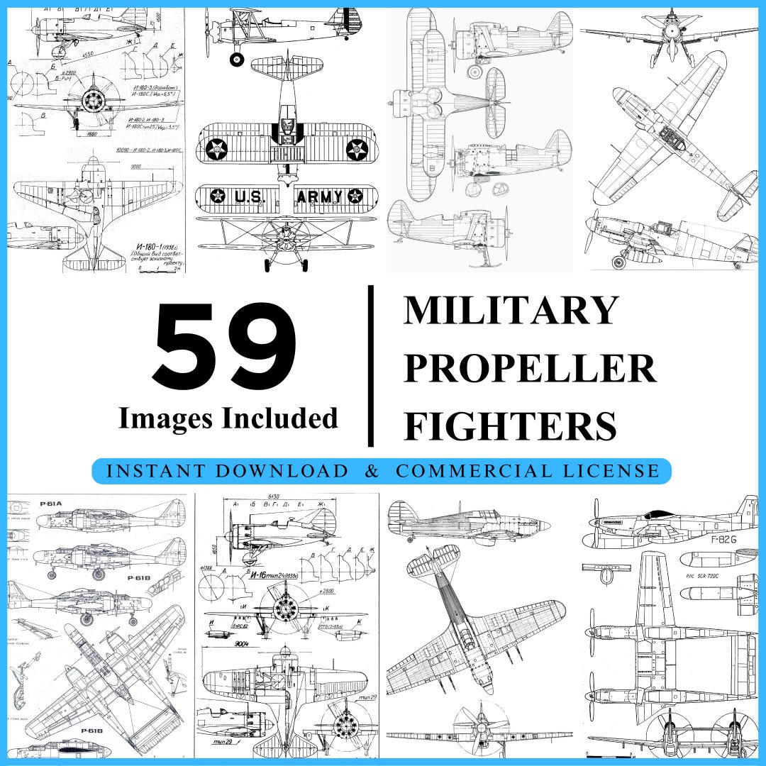 Military Aircraft Line Drawings Bundle, Propeller Fighter Blueprints ...