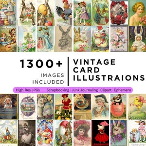 May include: A collection of vintage Easter-themed illustrations and cards. The image includes various designs featuring rabbits, chicks, angels, and children, with the text "1300+ IMAGES INCLUDED" and "VINTAGE CARD ILLUSTRATIONS".