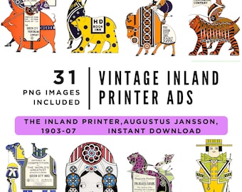 Pode incluir: Um download digital de anúncios de impressoras vintage. A imagem apresenta ilustrações coloridas de animais e figuras com texto, incluindo "Queen City Inks" e "The Inland Printer". Os anúncios são de 1903-07.