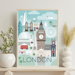 Puede incluir: Un estampado artístico enmarcado con una ilustración estilizada de los monumentos de Londres. El estampado incluye el Big Ben, el London Eye y un autobús de dos pisos rojo, sobre un cielo azul claro. La palabra "LONDON" está impresa en la parte inferior.