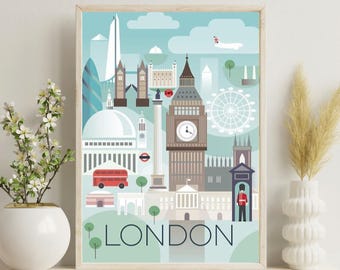 Pode incluir: Uma impressão artística emoldurada com uma ilustração estilizada de marcos de Londres. A impressão inclui o Big Ben, a London Eye e um ônibus de dois andares vermelho, contra um céu azul claro. A palavra "LONDON" é impressa na parte inferior.