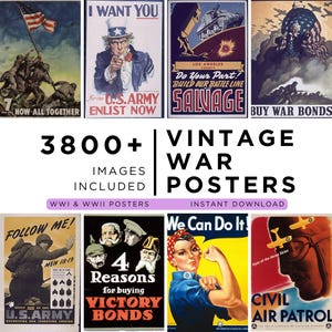 Paquete de carteles de la Primera Guerra Mundial y la Segunda Guerra Mundial, descarga imprimible, colección de decoración de arte mural de historia de propaganda militar vintage, regalo