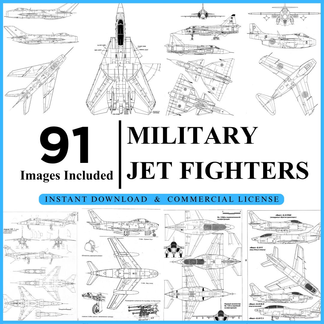 Military Aviation Line Drawings Bundle, Fighter Jet Blueprints ...