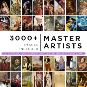 May include: A selection of fine art prints showcasing renowned paintings by master artists. The image presents a grid of diverse artworks, accompanied by text that reads "3000+ IMAGES INCLUDED" and "MASTER ARTISTS". The bottom text says "RAPHAEL, MICHELANGELO, VANGOGH & MORE".