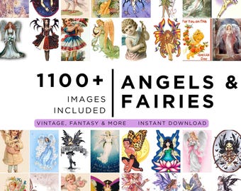 Angels and Fairies Digital Art Bundle Download Vintage Fantasy Clipart Magic Ethereal Spiritual Mythical Winged Creatures PNG Gift Craft