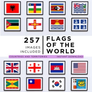 May include: A collection of framed flags from around the world, including the United States, United Kingdom, and South Korea. The image includes the text "257 Images Included" and "Flags of the World."
