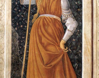 Pode incluir: Pintura renascentista de uma mulher em um longo vestido laranja esvoaçante, segurando uma lança. Ela usa armadura prateada nos braços e uma coroa. O fundo é escuro com padrões florais.