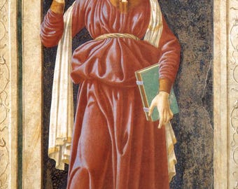 Pode incluir: Uma pintura em estilo renascentista de uma mulher em um longo vestido vermelho com detalhes dourados e bainha verde. Ela usa uma coroa e segura um livro verde. Um pano branco cobre seu braço. O fundo é escuro com texto na parte inferior.