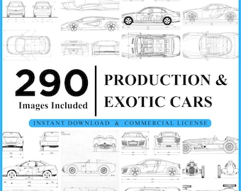 Pode incluir: Uma coleção de 290 imagens de carros de produção e exóticos, apresentadas como plantas. A imagem inclui vários modelos de carros, com o texto "PRODUCTION & EXOTIC CARS" e "INSTANT DOWNLOAD & COMMERCIAL LICENSE."