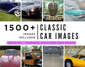 Pode incluir: Uma colagem de imagens de carros clássicos. A imagem inclui uma variedade de veículos antigos em diferentes cores e estilos. A sobreposição de texto diz "1500+ Classic Car Images Included" com detalhes sobre os tipos de imagens, como "High-Res JPGs" e "Scrapbooking."