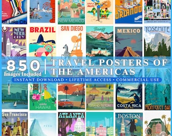 Pode incluir: Uma coleção digital de 850 cartazes de viagem das Américas com ilustrações coloridas de pontos turísticos e cidades como Nova York, Havaí, México e Boston com o texto 850 TRAVEL POSTERS OF THE AMERICAS INSTANT DOWNLOAD.