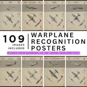 Könnte beinhalten: Eine Sammlung von 109 Warplane-Erkennungspostern. Jedes Poster zeigt detaillierte Illustrationen verschiedener Flugzeuge aus Deutschland, den USA, Großbritannien, Japan, der UdSSR und Italien. Die Poster sind in Schwarzweiß mit Text.