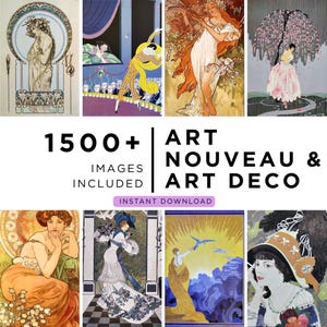 Puede incluir: Una colección de imágenes de Art Nouveau y Art Déco, con ilustraciones de mujeres, diseños florales y figuras estilizadas. El texto dice "1500+ Images Included" y "Art Nouveau & Art Deco".