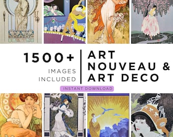 Pode incluir: Uma coleção de imagens Art Nouveau e Art Déco, apresentando ilustrações de mulheres, desenhos florais e figuras estilizadas. O texto diz "1500+ Images Included" e "Art Nouveau & Art Déco".