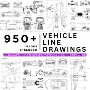 Könnte beinhalten: Eine Sammlung von über 950 Fahrzeug-Strichzeichnungen, darunter Militärfahrzeuge, Sportwagen und Baumaschinen. Das Bild zeigt detaillierte Schwarz-Weiß-Illustrationen verschiedener Fahrzeuge mit Text.