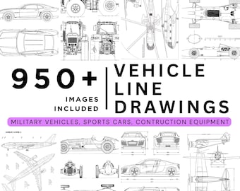 Pode incluir: Uma coleção de mais de 950 desenhos de linha de veículos, incluindo veículos militares, carros esportivos e equipamentos de construção. A imagem apresenta ilustrações detalhadas em preto e branco de vários veículos.