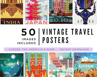 50 Vintage Travel Posters, Retro Destination Illustrations, Holiday Memorabilia, Printable Wall Art, Home Decor, Digital Download