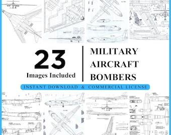 Bundel met lijntekeningen bommenwerper, blauwdrukken militaire vliegtuigen, luchtvaartschema's, afdrukbare muurkunst, kantoorinrichting (digitale download)