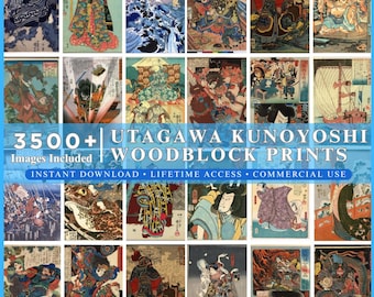 Pode incluir: Uma coleção digital de mais de 3500 xilogravuras de Utagawa Kuniyoshi com várias cenas históricas, mitológicas e culturais em cores vibrantes. O texto 3500+ UTAGAWA KUNOYOSHI WOODBLOCK PRINTS é exibido sobre a grade de imagens.