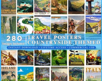 Pode incluir: Uma coleção digital de 280 cartazes de viagem em estilo vintage com paisagens rurais de várias localizações globais. A grade exibe ilustrações coloridas de montanhas, lagos e vilas com textos como Banff, Vence e Italy.