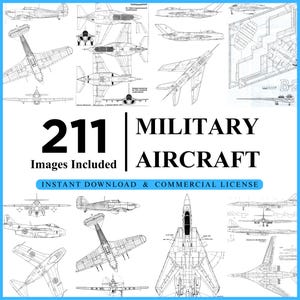 Puede incluir: Una colección de 211 planos e ilustraciones de aviones militares. La imagen incluye varios diseños de aviones, con el texto "MILITARY AIRCRAFT" y "INSTANT DOWNLOAD & COMMERCIAL LICENSE". Los diseños son en blanco y negro.