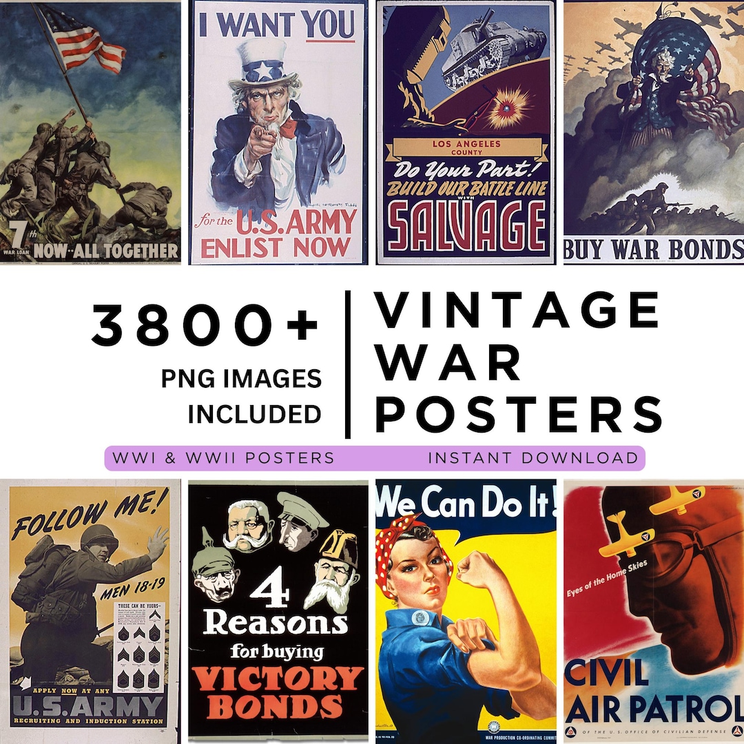 Vintage War Posters PNG Bundle: WWI, WWII Military Graphics (digital ...
