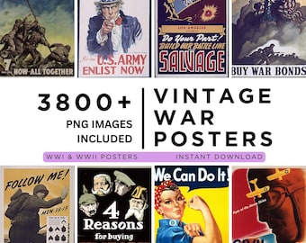 Pode incluir: Uma coleção de cartazes de guerra vintage, incluindo imagens icónicas de Tio Sam, Rosie, a Rebitadeira e anúncios de recrutamento militar. Os cartazes apresentam cores arrojadas e temas patrióticos, com texto como "I Want You" e "We Can Do It!"
